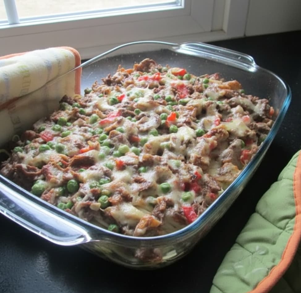 Запеканка из овощей с говядиной и спагетти