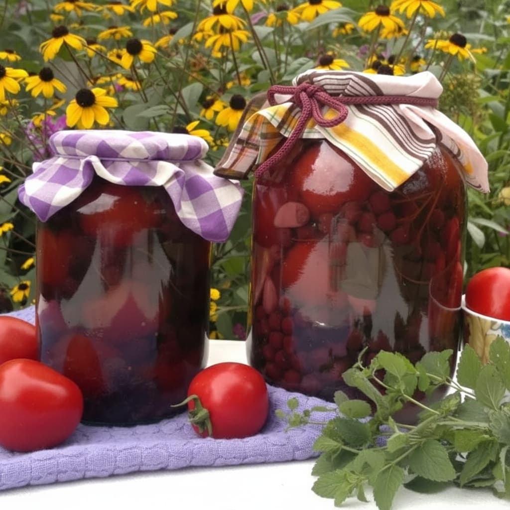 Маринованные помидоры с овощами, черноплодной рябиной и мятой