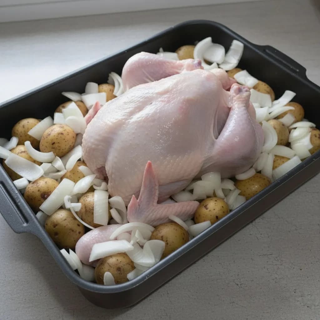 Лук поверх картофеля