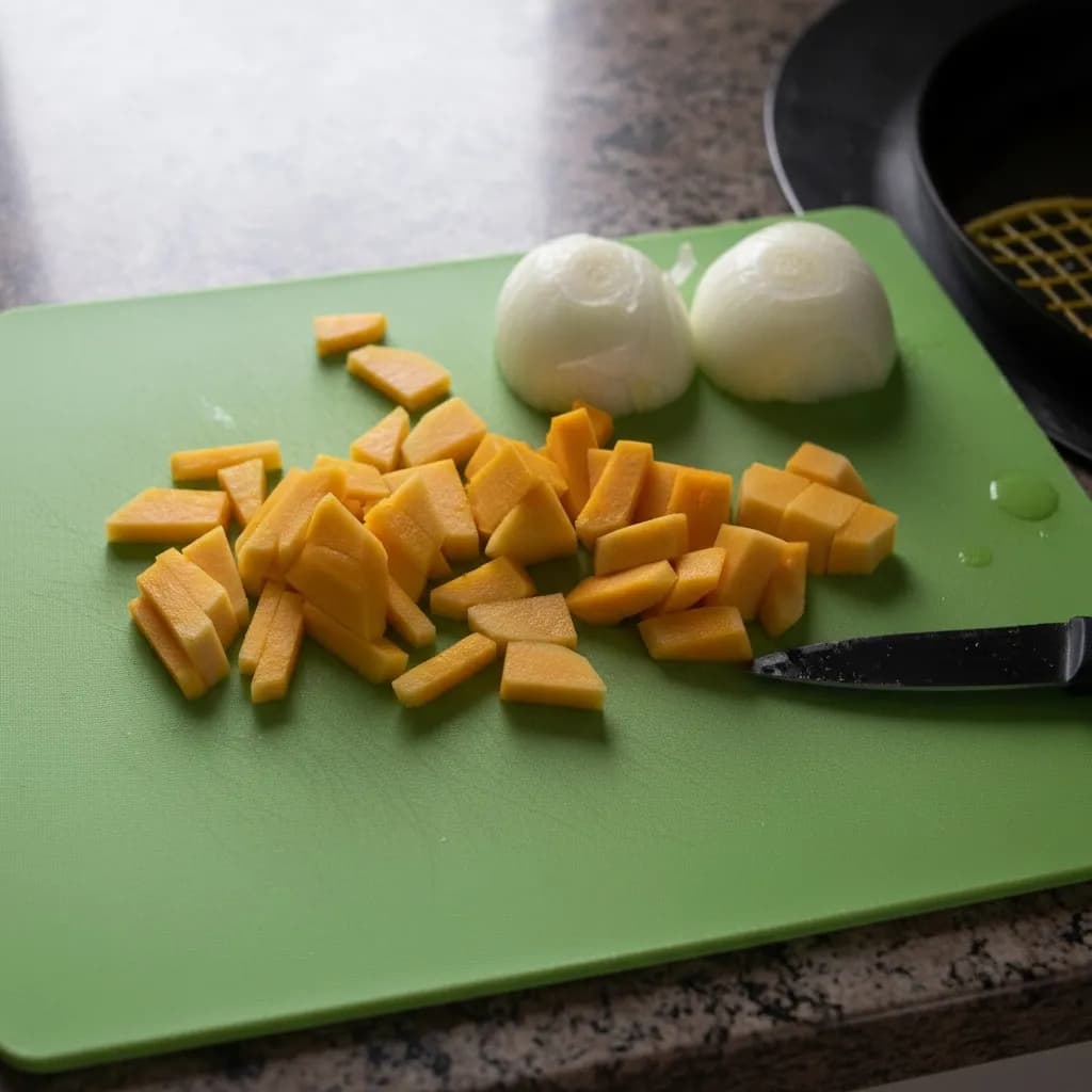 Нарезанные тыква и лук
