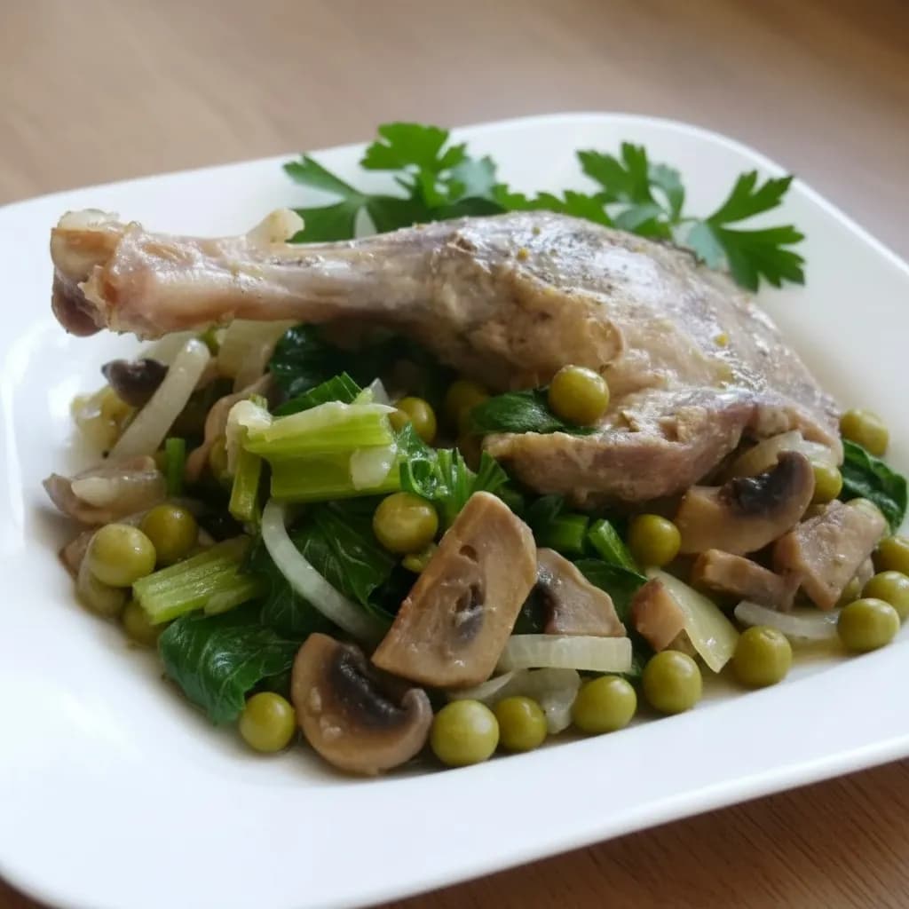 Утиные ножки с сельдереем, грибами и горошком