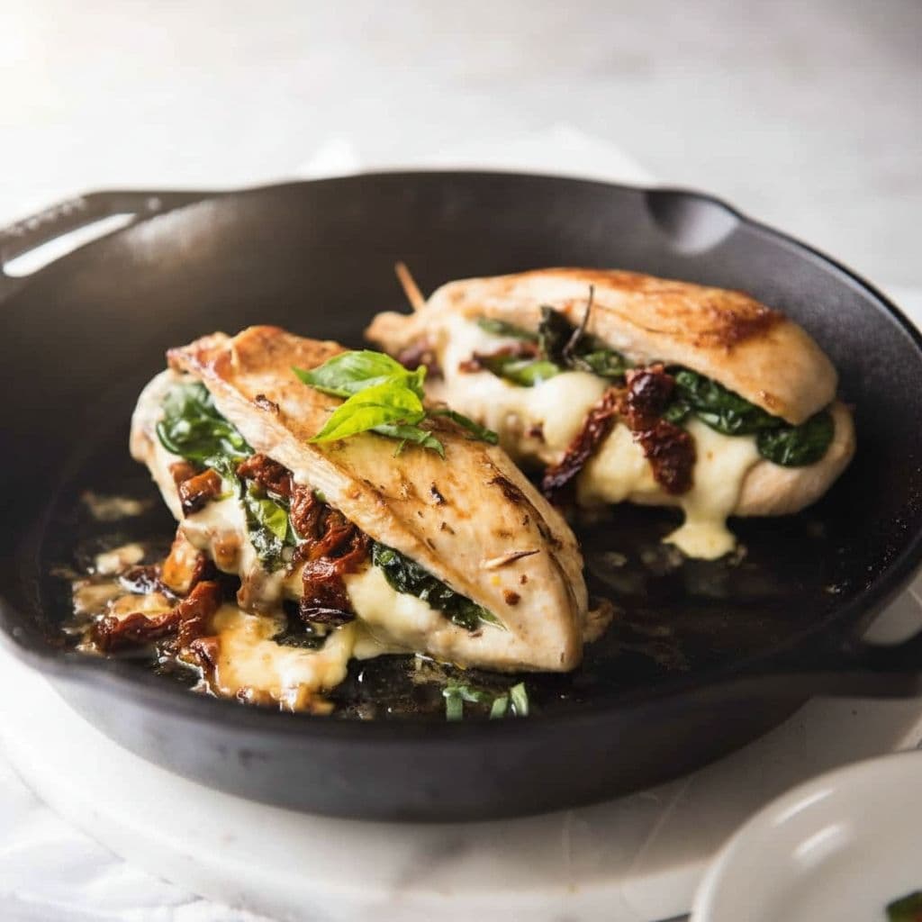 Куриная грудка, запечённая с вялеными томатами, шпинатом и сыром