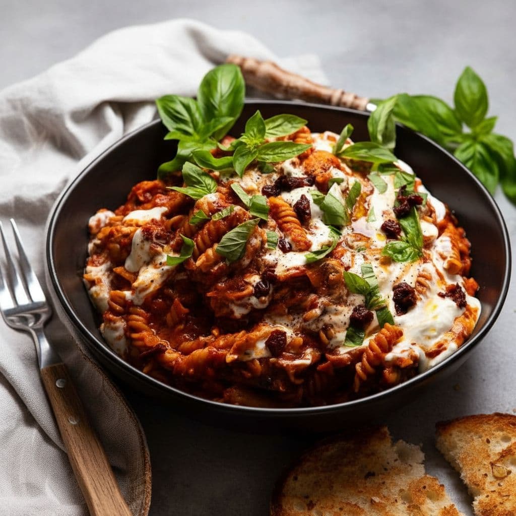 Паста с курицей и взбитой рикоттой с вялеными томатами