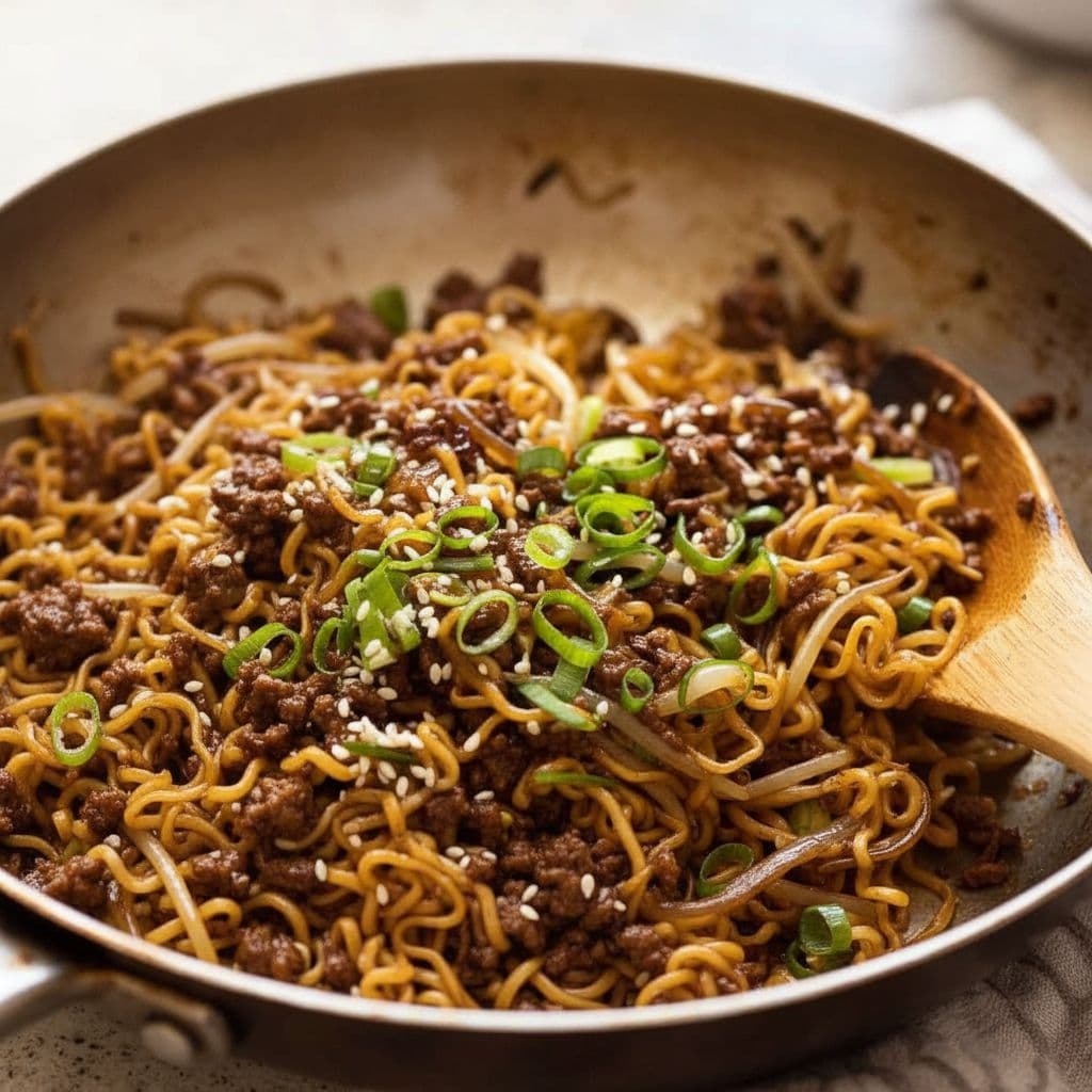 Быстрая азиатская лапша рамэн с карамелизированной говядиной