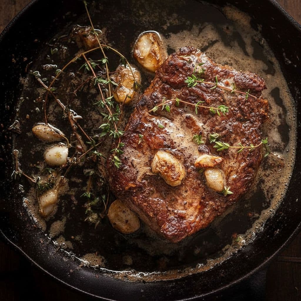 Стейк на сковороде с чесночно-тимьяновым маслом