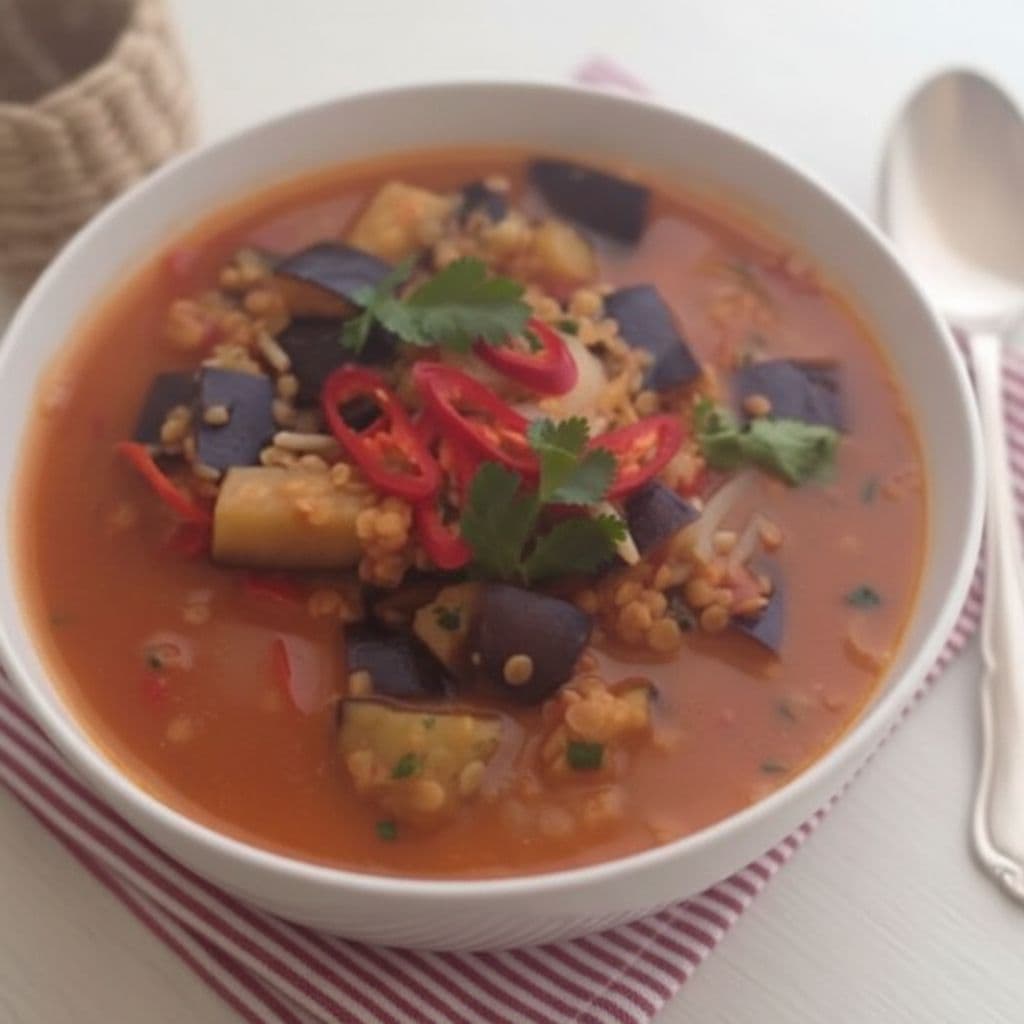 Густой суп из баклажанов с томатами и красной чечевицей