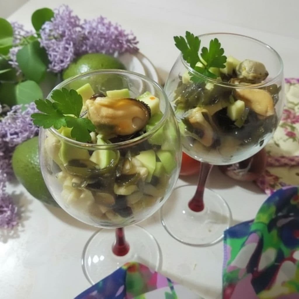 Салат с кускусом, морской капустой, авокадо и морским коктейлем