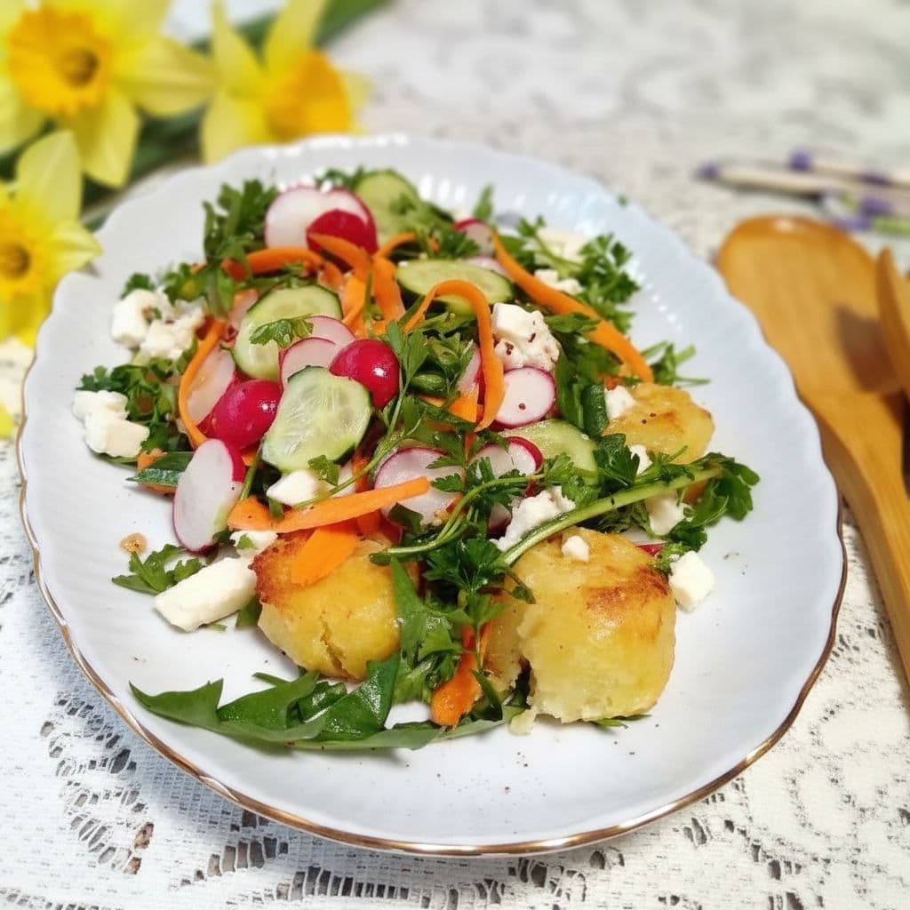 Запечённый картофель с пикантным салатом