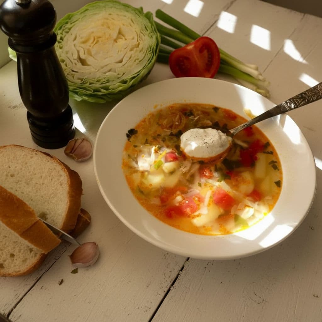 Щи из свежей капусты с курицей и помидорами