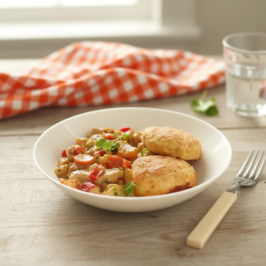 Рагу из курицы с овощами и сырными булочками