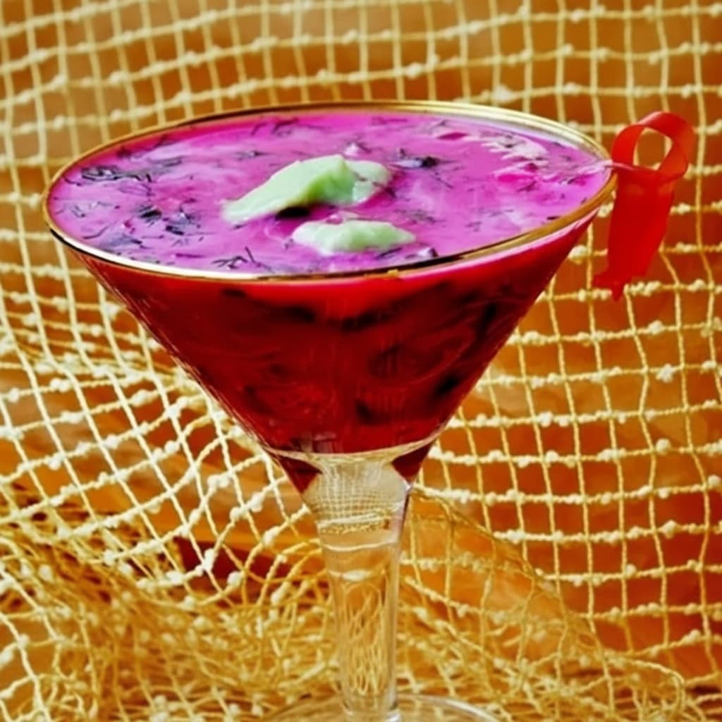 Холодный свекольник с креветками и заправкой из авокадо и груши