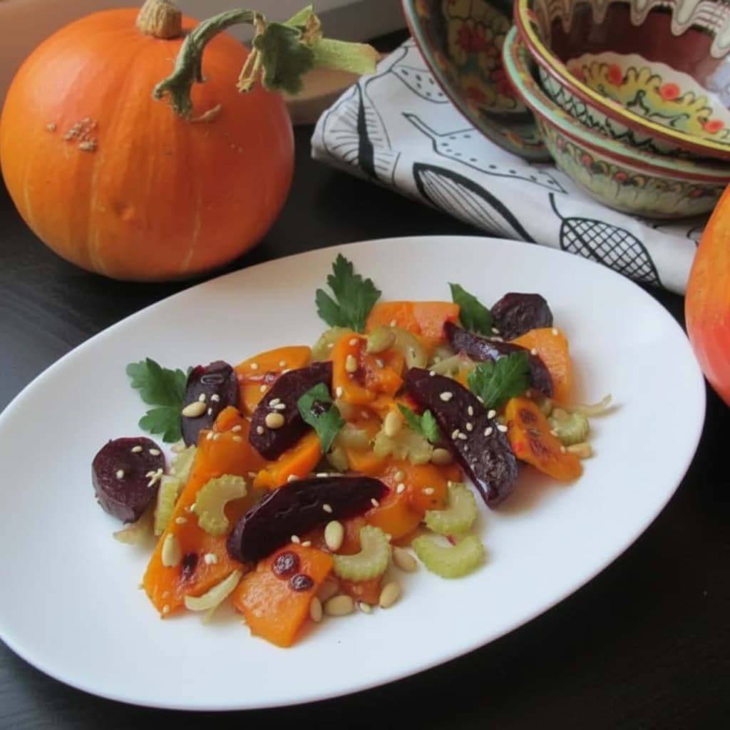 Салат из запечённых овощей с кедровыми орехами и кунжутом