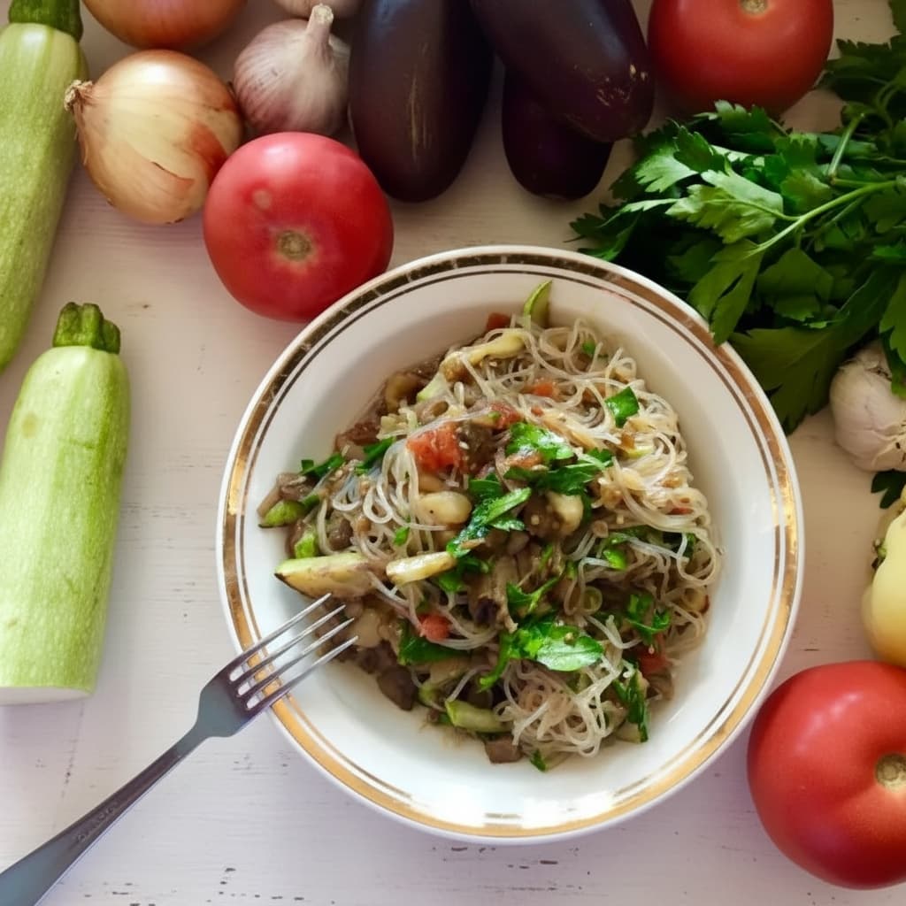 Фунчоза с запечёнными овощами